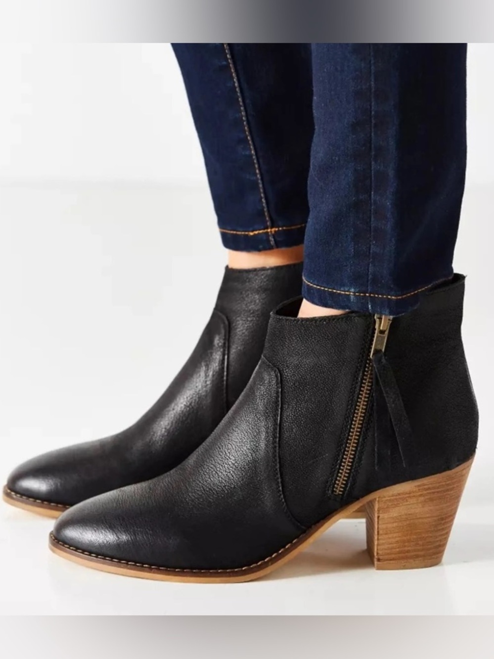 Urban Outfitters Black Leather Ankle Booties with Wooden Block Heel
